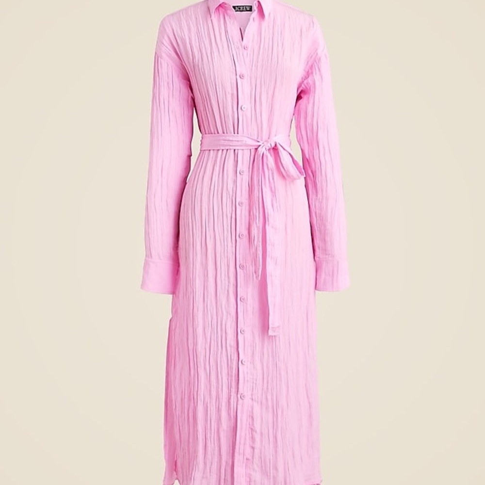 NWT J. Crew Belted Shirt Dress in Washed Nylon Pink Crinkle Midi